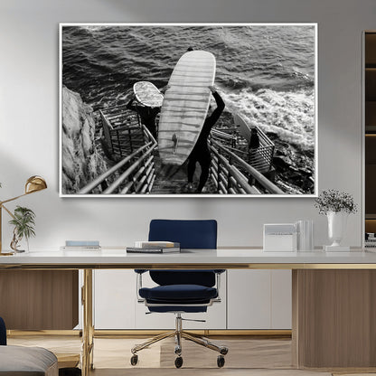 32353707-MGV-CV-36X24-Black White Surfing Wall Art Canvas Print, Framed Coastal Surfing Art Picture Print, Wave Riders Perfect Coastal Adventure Decor