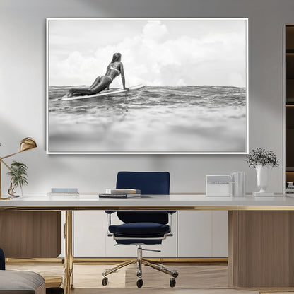 69798068-MGV-CV-36X24-Black White Surfing Wall Art Canvas Print, Framed Ocean Horizon Art Picture Print, Surfer Girl Perfect Coastal Adventure Decor