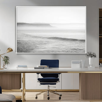 60635783-MGV-FC-36X24_White-Black White Seascape Wall Art Canvas Print, Framed Ocean Waves Art Picture Print, Misty Coastal Perfect Minimalist Coastal Decor