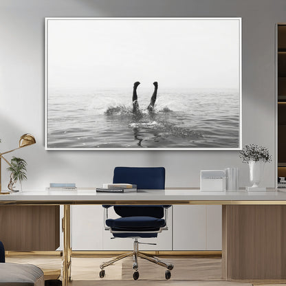 26667396-MGV-CV-36X24-Black White Ocean Wall Art Canvas Print, Framed Monochrome Water Art Picture Print, Diving into Water Perfect Minimalist Aquatic