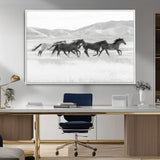 69934913-MGV-CV-36X24-Wild Horses Running Wall Art Canvas Print, Framed Black White Mustangs Art Picture Print, Rustic Western Perfect Rustic Western
