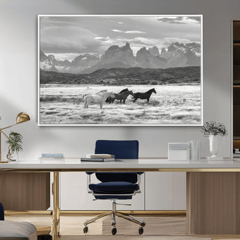 21655040-MGV-CV-36X24-Wild Horses Wall Art Canvas Print, Framed Black White Mountains Art Picture Print, Rustic Countryside Perfect Rustic Western Decor