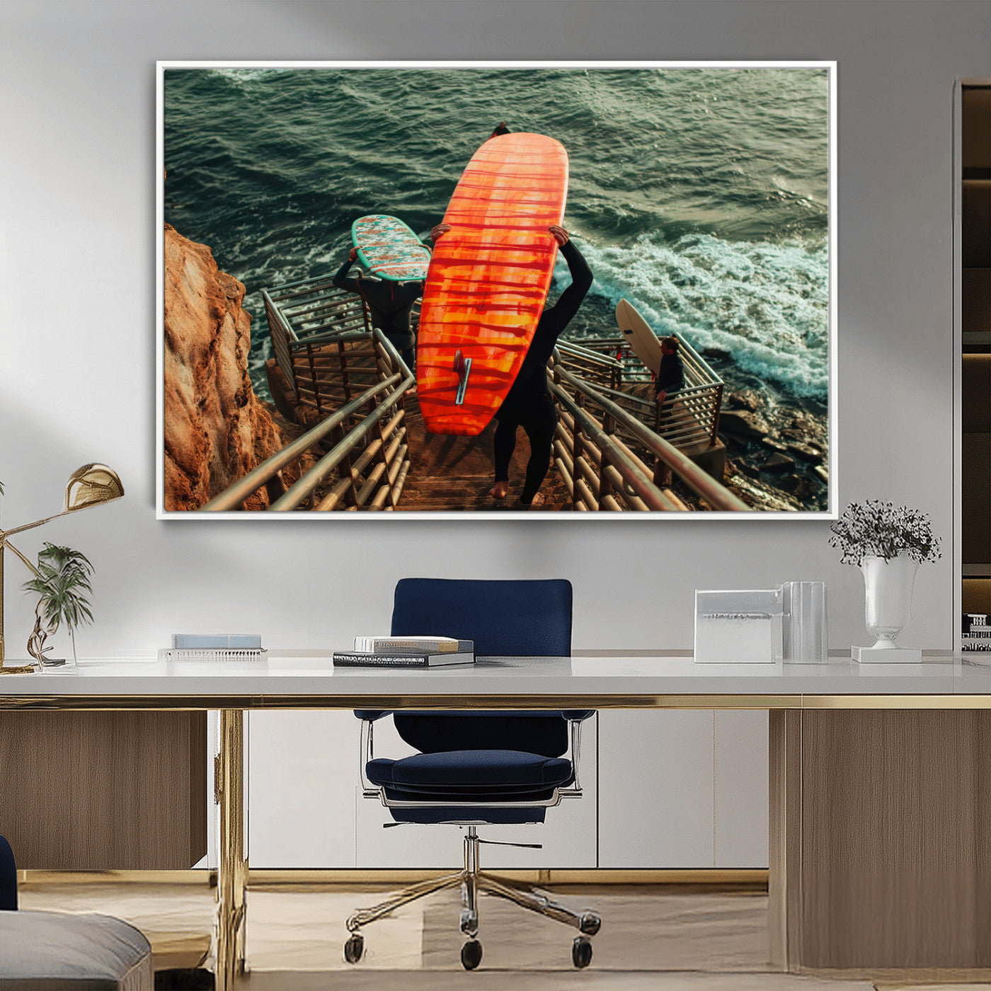 84555848-MGV-CV-36X24-Surfer Stairway Wall Art Canvas Print, Framed Ocean Surf Art Picture Print, Sunset Coastal Perfect Coastal Adventure Decor Artwork