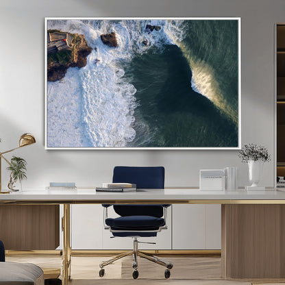 37405684-MGV-CV-36X24-Nazare Coast Wall Art Canvas Print, Framed Aerial Ocean Art Picture Print, Coastal Fortress Perfect Dramatic Coastal Decor Artwork