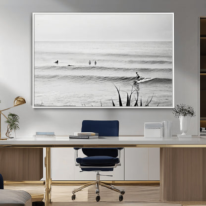 33821421-MGV-CV-36X24-Surfer Silhouette Wall Art Canvas Print, Framed Calm Ocean Art Picture Print, Monochrome Surf Perfect Minimalist Coastal Decor