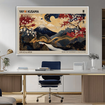 54967195-MGV-CV-36X24-Mount Fuji Wall Art – Japanese Cherry Blossom Abstract Canvas Print, Navy Gold Landscape Painting, Oriental Luxury Home Decor