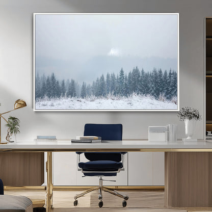 33033082-MGV-CV-36X24-Winter Forest Art Wall Art Canvas Print, Framed Snowy Landscape Art Picture Print, Misty Tree Scene Perfect Nordic Minimalist