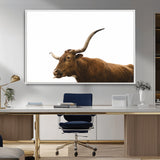 62566114-MGV-CV-36X24-Longhorn Cow Art Wall Art Canvas Print, Framed Rustic Animal Decor Art Picture Print, Texas Bull Photo Perfect Rustic Farmhouse