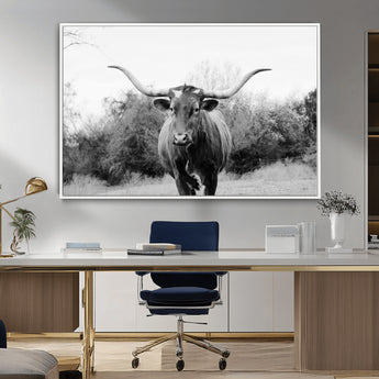 97280319-MGV-CV-36X24-Longhorn Photography Wall Art Canvas Print, Framed Western Cow Decor Art Picture Print, Texas Ranch Style Perfect Rustic Farmhouse