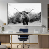 97280319-MGV-CV-36X24-Longhorn Photography Wall Art Canvas Print, Framed Western Cow Decor Art Picture Print, Texas Ranch Style Perfect Rustic Farmhouse
