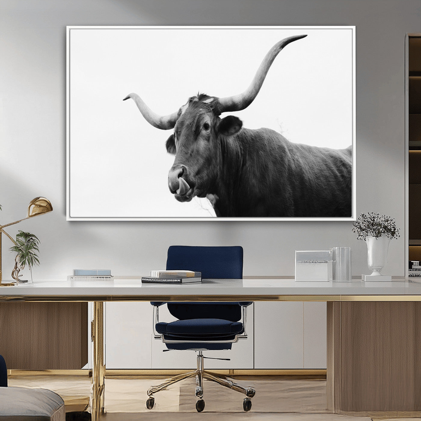 99244177-MGV-CV-36X24-Longhorn Photography Wall Art Canvas Print, Framed Western Cow Decor Art Picture Print, Black White Bull Perfect Modern Rustic
