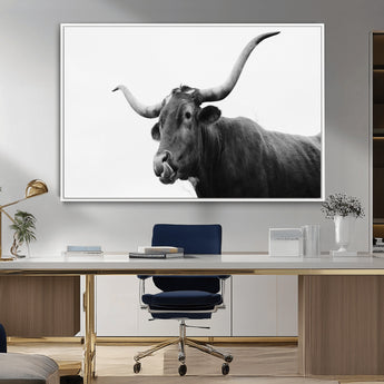 99244177-MGV-CV-36X24-Longhorn Photography Wall Art Canvas Print, Framed Western Cow Decor Art Picture Print, Black White Bull Perfect Modern Rustic