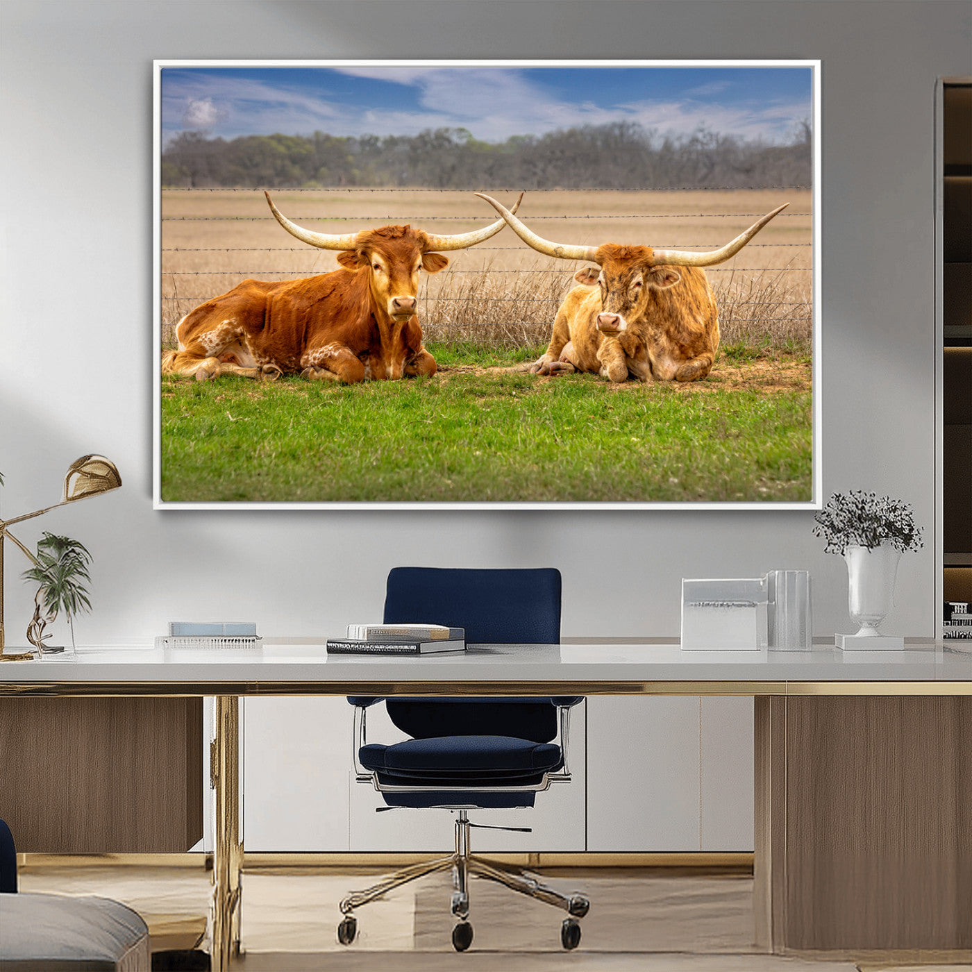 97244565-MGV-CV-36X24-Longhorn Duo Wall Art Canvas Print, Framed Cozy Ranch Vibes Art Picture Print, Western Ranch Decor Perfect Rustic Farmhouse Decor