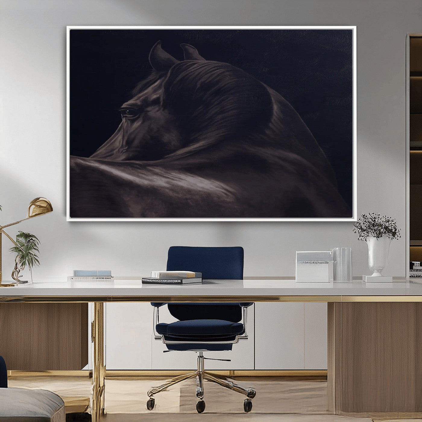 67026880-MGV-FC-36X24_White-Black Horse Portrait Wall Art Canvas Print, Framed Moody Horse Decor Art Picture Print, Equestrian Wall Style Perfect Masculine
