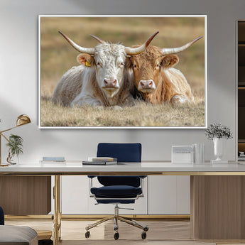 53388593-MGV-CV-36X24-Cow Photography Wall Art Canvas Print, Framed Rustic Animal Decor Art Picture Print, Texas Cow Pair Perfect Western Farmhouse