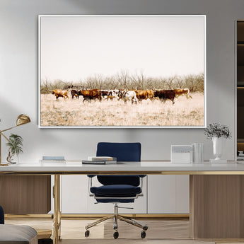 12454132-MGV-CV-36X24-Cow Herd Photography Wall Art Canvas Print, Framed Rustic Farmhouse Decor Art Picture Print, Western Ranch Style Perfect Rustic