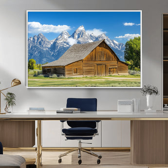 75948467-MGV-CV-36X24-Mountain Barn Scene Wall Art Canvas Print, Framed Rustic Farmhouse Style Art Picture Print, Country Cabin Decor Perfect Rustic