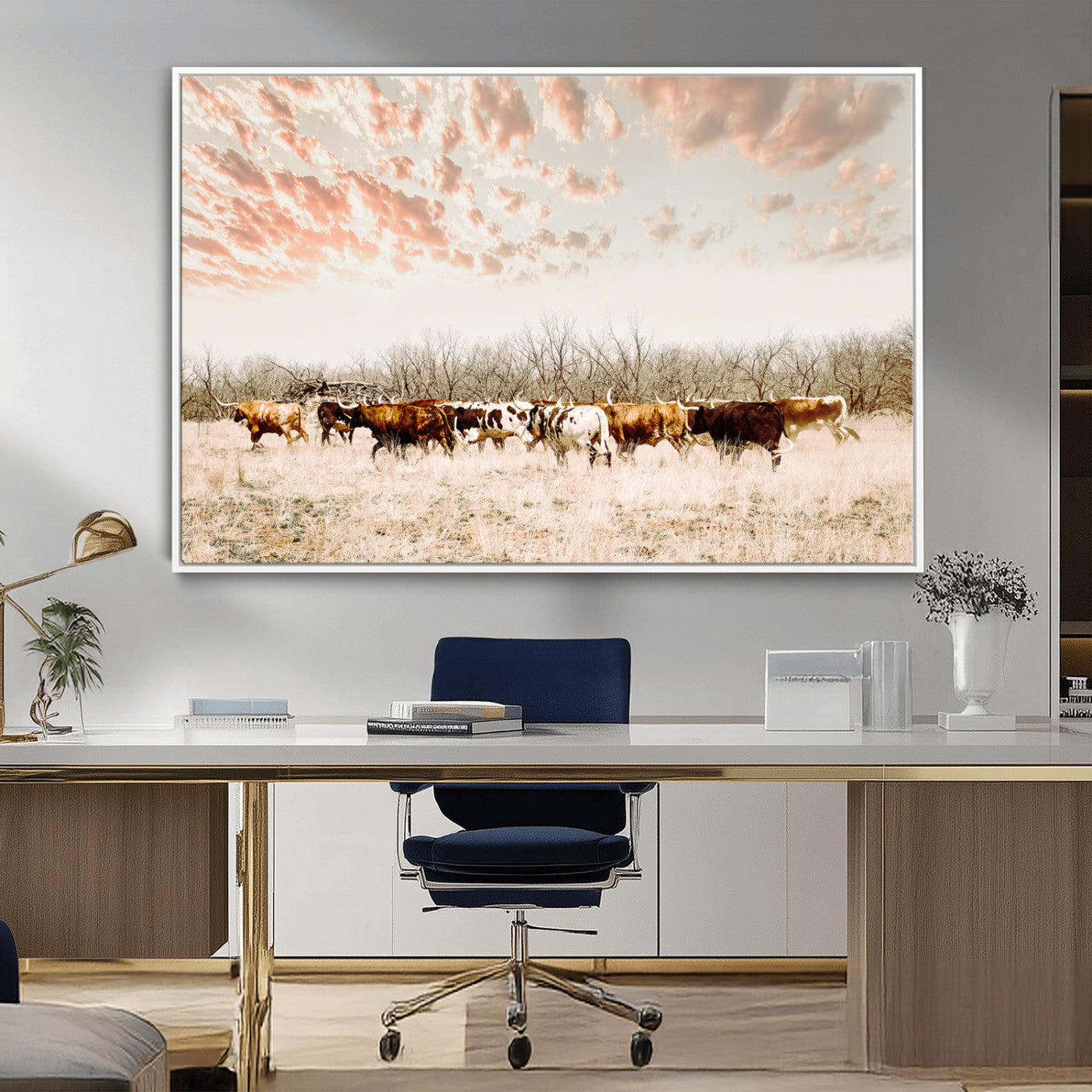 43704663-MGV-CV-36X24-Country Cow Herd Wall Art Canvas Print, Framed Farmhouse Cattle Scene Art Picture Print, Rustic Ranch Decor Perfect Rustic