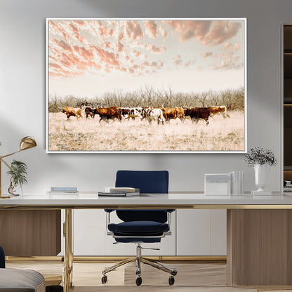 43704663-MGV-CV-36X24-Country Cow Herd Wall Art Canvas Print, Framed Farmhouse Cattle Scene Art Picture Print, Rustic Ranch Decor Perfect Rustic