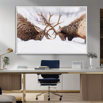 36507609-MGV-CV-36X24-Elk Clash Scene Wall Art Canvas Print, Framed Wildlife Strength Decor Art Picture Print, Snowy Forest Elk Perfect Rustic Lodge