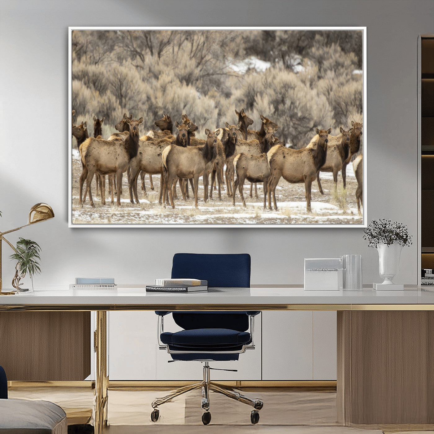 90269422-MGV-CV-36X24-Elk Herd Scene Wall Art Canvas Print, Framed Rustic Wildlife Decor Art Picture Print, Western Cabin Style Perfect Rustic Lodge