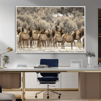 90269422-MGV-CV-36X24-Elk Herd Scene Wall Art Canvas Print, Framed Rustic Wildlife Decor Art Picture Print, Western Cabin Style Perfect Rustic Lodge
