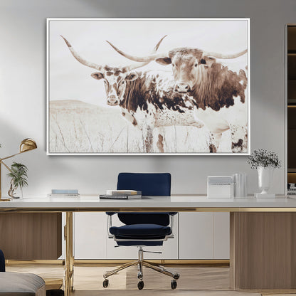 48161868-MGV-CV-36X24-Longhorn Cow Decor Wall Art Canvas Print, Framed Rustic Cattle Art Picture Print, Sepia Western Vibe Perfect Neutral Rustic