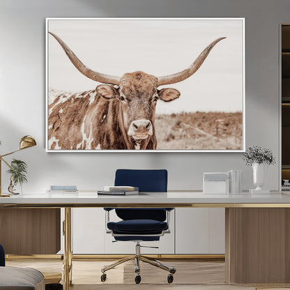 77810049-MGV-CV-36X24-Longhorn Bull Photo Wall Art Canvas Print, Framed Rustic Cow Decor Art Picture Print, Neutral Farmhouse Style Perfect Rustic