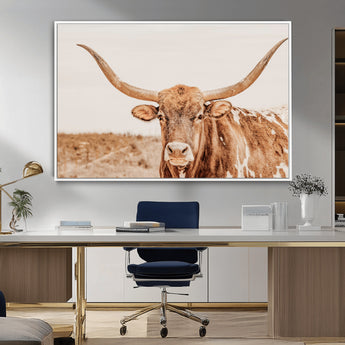 74406977-MGV-CV-36X24-Longhorn Bull Decor Wall Art Canvas Print, Framed Western Cow Theme Art Picture Print, Rustic Farmhouse Wall Perfect Neutral