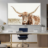 98924580-MGV-CV-36X24-Texas Longhorn Bull Wall Art Canvas Print, Framed Rustic Farmhouse Decor Art Picture Print, Western Animal Theme Perfect Rustic