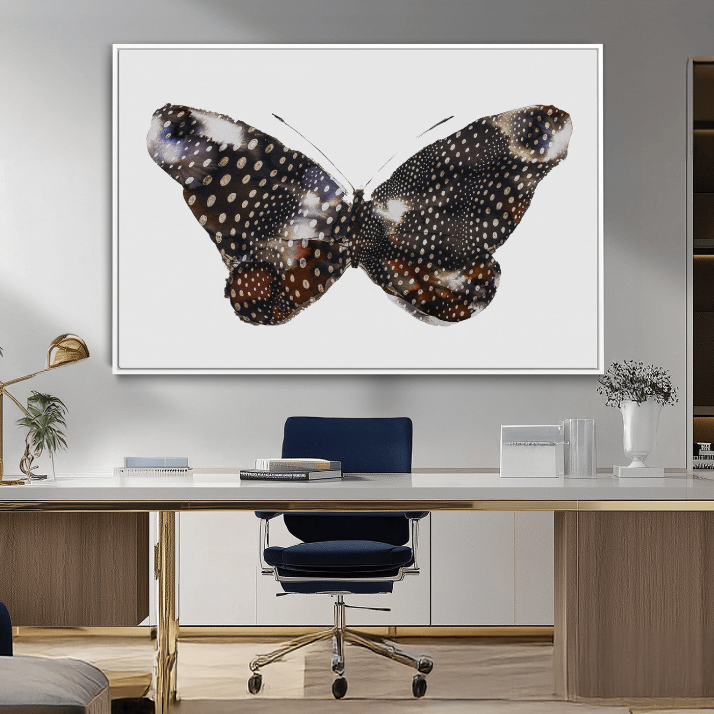 99831147-MGV-CV-36X24-Spotted Butterfly Wall Art Canvas Print, Framed Neutral Insect Theme Art Picture Print, Earthy Wing Pattern Perfect Modern Rustic
