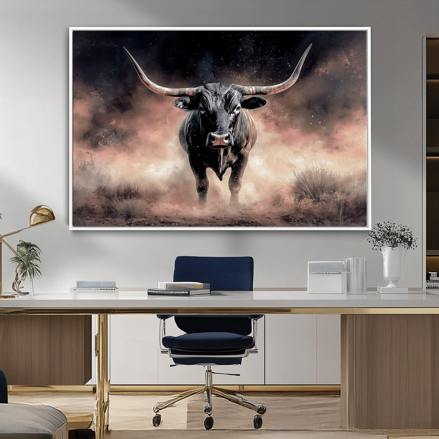 71457818-MGV-CV-36X24-Longhorn Wall Art Wall Art Canvas Print, Framed Western Bull Canvas Art Picture Print, Rustic Cow Decor Perfect Western Dramatic