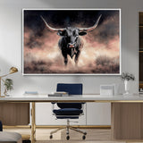 71457818-MGV-CV-36X24-Longhorn Wall Art Wall Art Canvas Print, Framed Western Bull Canvas Art Picture Print, Rustic Cow Decor Perfect Western Dramatic