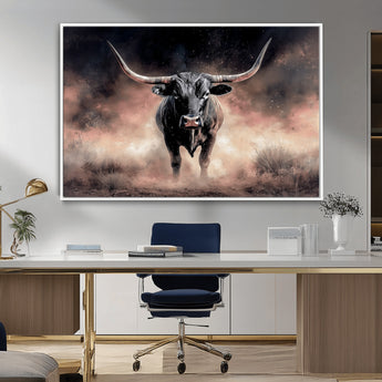 71457818-MGV-CV-36X24-Longhorn Wall Art Wall Art Canvas Print, Framed Western Bull Canvas Art Picture Print, Rustic Cow Decor Perfect Western Dramatic