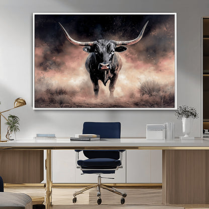 71457818-MGV-CV-36X24-Longhorn Wall Art Wall Art Canvas Print, Framed Western Bull Canvas Art Picture Print, Rustic Cow Decor Perfect Western Dramatic