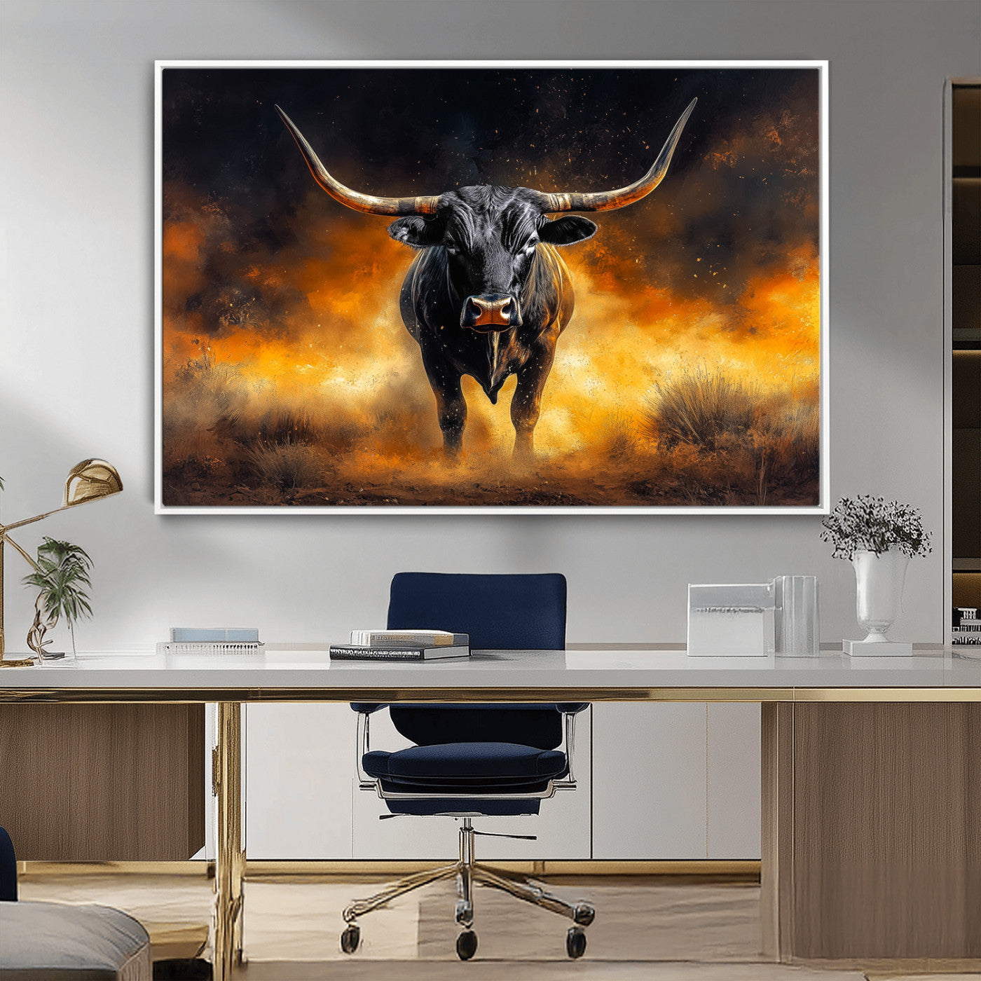 58293979-MGV-CV-36X24-Longhorn Canvas Wall Art Canvas Print, Framed Bold Bull Wall Art Art Picture Print, Western Animal Decor Perfect Western Dramatic