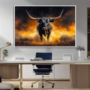 58293979-MGV-CV-36X24-Longhorn Canvas Wall Art Canvas Print, Framed Bold Bull Wall Art Art Picture Print, Western Animal Decor Perfect Western Dramatic