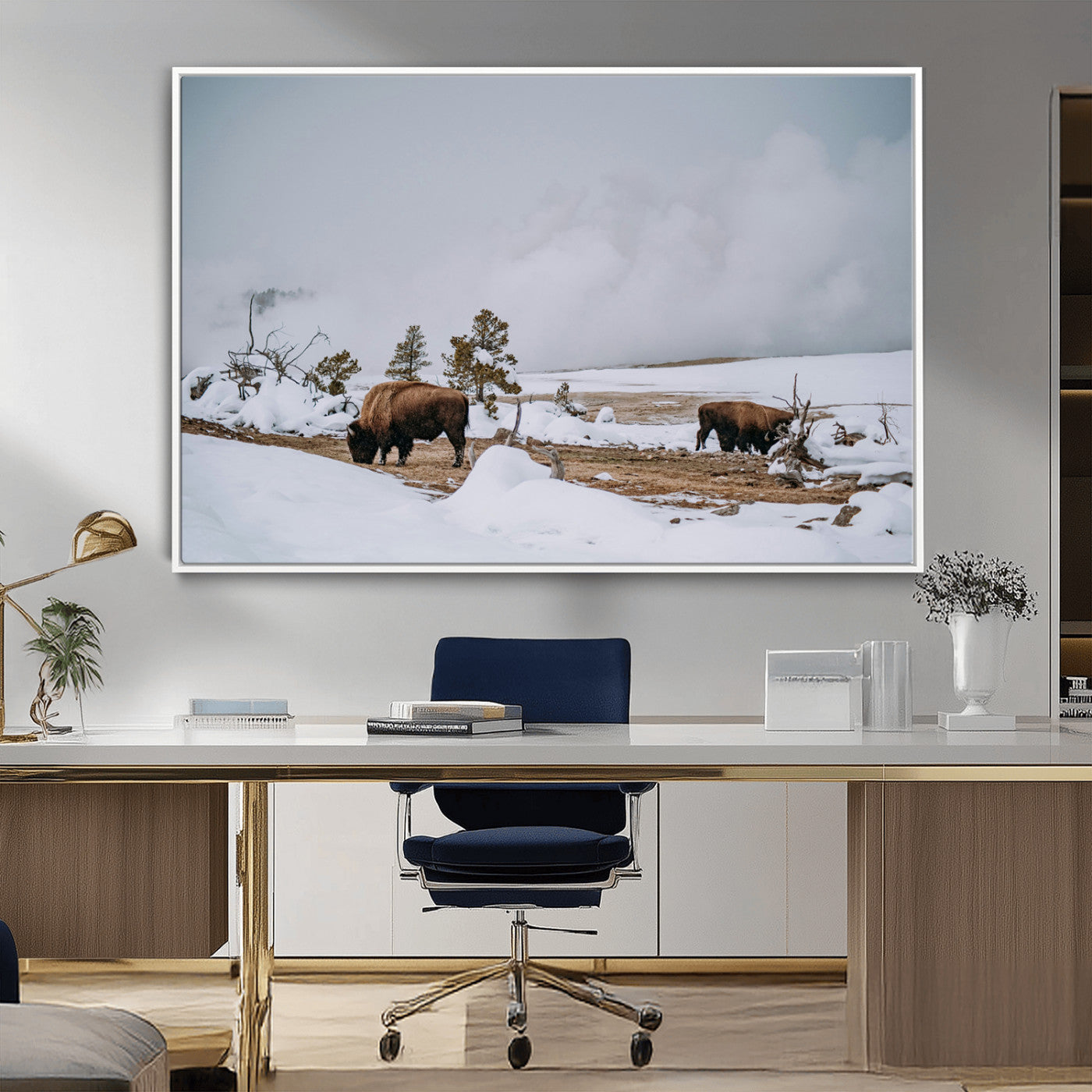 60308289-MGV-CV-36X24-Bison Wildlife Wall Art Canvas Print, Framed Snowy Prairie Art Picture Print, Western Landscape Perfect Rustic Winter Decor