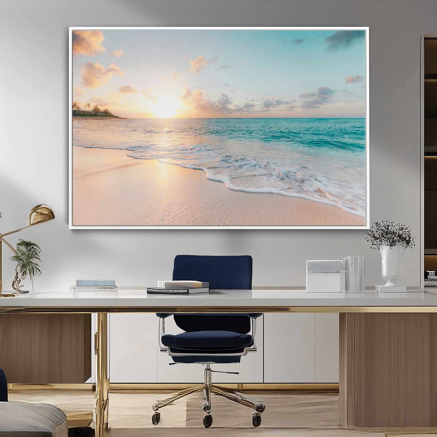 94538225-MGV-CV-36X24-Beach Sunset Wall Art Canvas Print, Framed Ocean Waves Art Picture Print, Summer Escape Perfect Coastal Serenity Decor Artwork