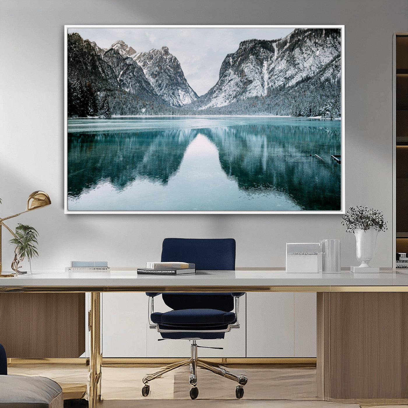 73098373-MGV-CV-36X24-Mountain Lake Wall Art Canvas Print, Framed Winter Wonderland Art Picture Print, Snowy Peaks Perfect Modern Nature Decor Artwork