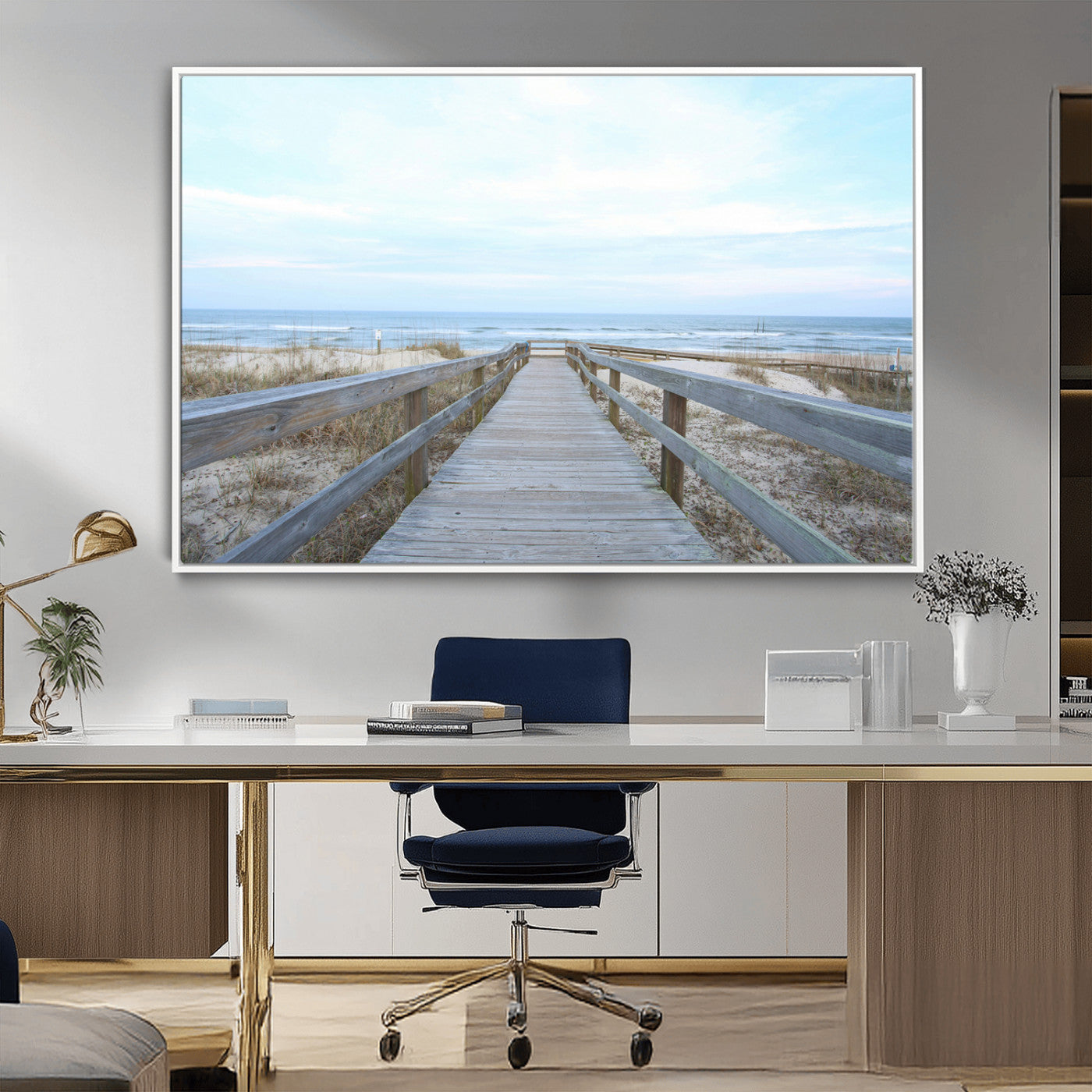 31602988-MGV-CV-36X24-Beach Boardwalk Wall Art Canvas Print, Framed Coastal Serenity Art Picture Print, Ocean View Perfect Coastal Minimalist Decor
