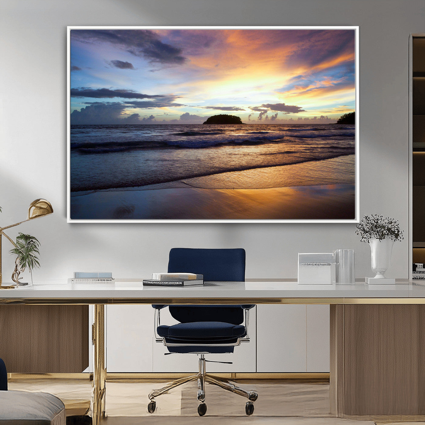 36714356-MGV-CV-36X24-Beach Sunset Wall Art Canvas Print, Framed Ocean Waves Art Picture Print, Tropical Seascape Perfect Coastal Serenity Decor Artwork