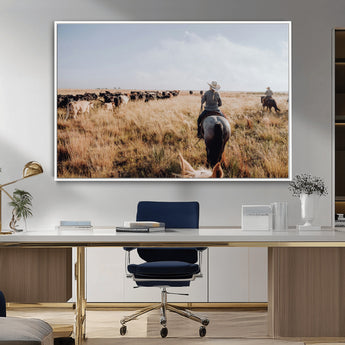 22431577-MGV-CV-36X24-Western Wall Art Wall Art Canvas Print, Framed Cowboy Canvas Art Picture Print, Cattle Drive Scene Perfect Rustic Western Decor