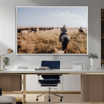 22431577-MGV-CV-36X24-Western Wall Art Wall Art Canvas Print, Framed Cowboy Canvas Art Picture Print, Cattle Drive Scene Perfect Rustic Western Decor