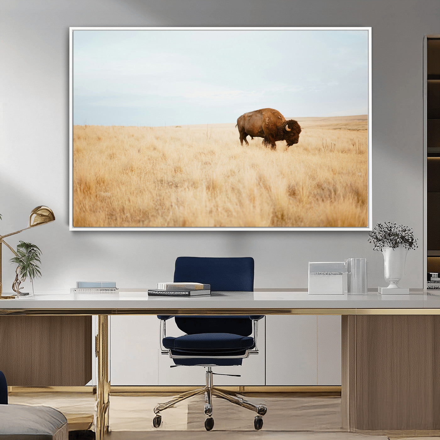 61392510-MGV-CV-36X24-Buffalo Wall Art Wall Art Canvas Print, Framed Western Wildlife Decor Art Picture Print, Rustic Farmhouse Art Perfect Rustic