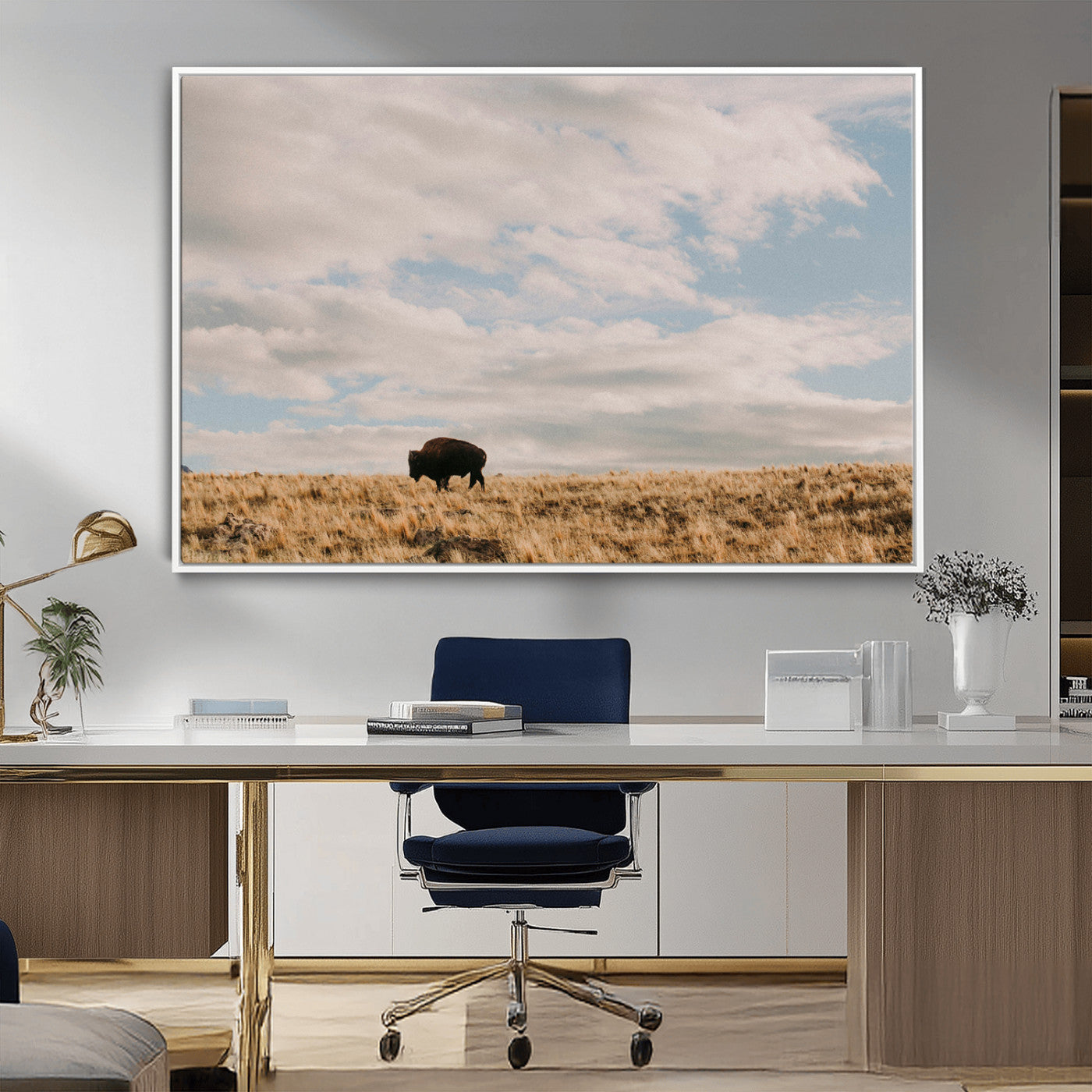 22754563-MGV-CV-36X24-Earthy Tones Wall Art Canvas Print, Framed Rustic Nature Art Picture Print, Solitary Buffalo Perfect Western Minimalist Decor