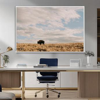 22754563-MGV-CV-36X24-Earthy Tones Wall Art Canvas Print, Framed Rustic Nature Art Picture Print, Solitary Buffalo Perfect Western Minimalist Decor