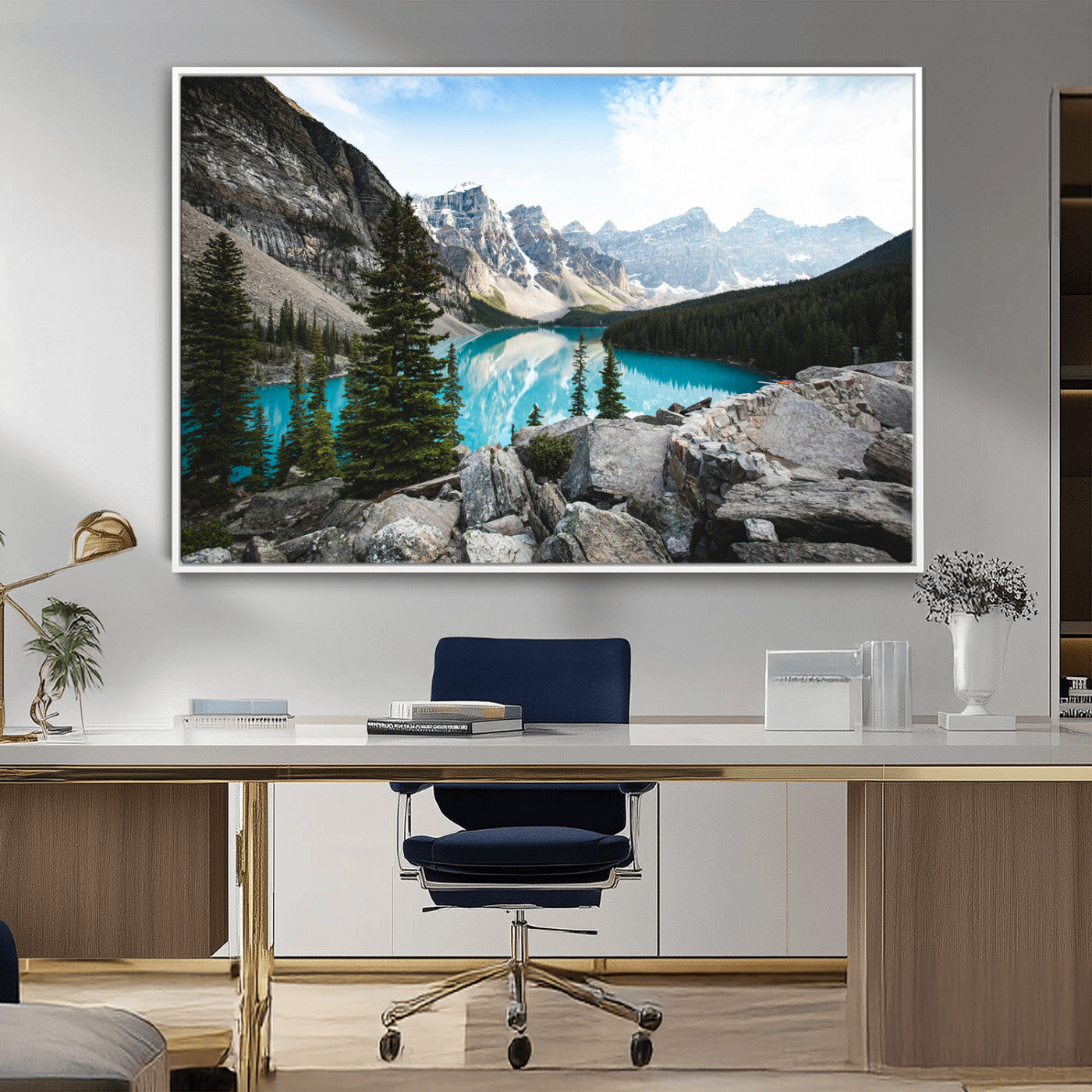 98014896-MGV-CV-36X24-Canadian Rockies Wall Art Canvas Print, Framed Mountain Landscape Art Picture Print, Turquoise Water Perfect Scandinavian