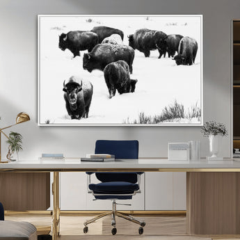 18914414-MGV-CV-36X24-Buffalo Herd Wall Art Canvas Print, Framed Black and White Art Picture Print, Snowy Landscape Perfect Rustic Lodge Decor Decor