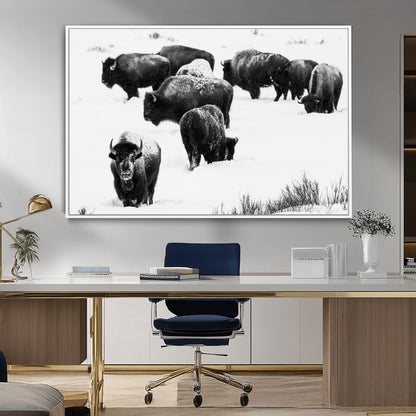 18914414-MGV-CV-36X24-Buffalo Herd Wall Art Canvas Print, Framed Black and White Art Picture Print, Snowy Landscape Perfect Rustic Lodge Decor Decor
